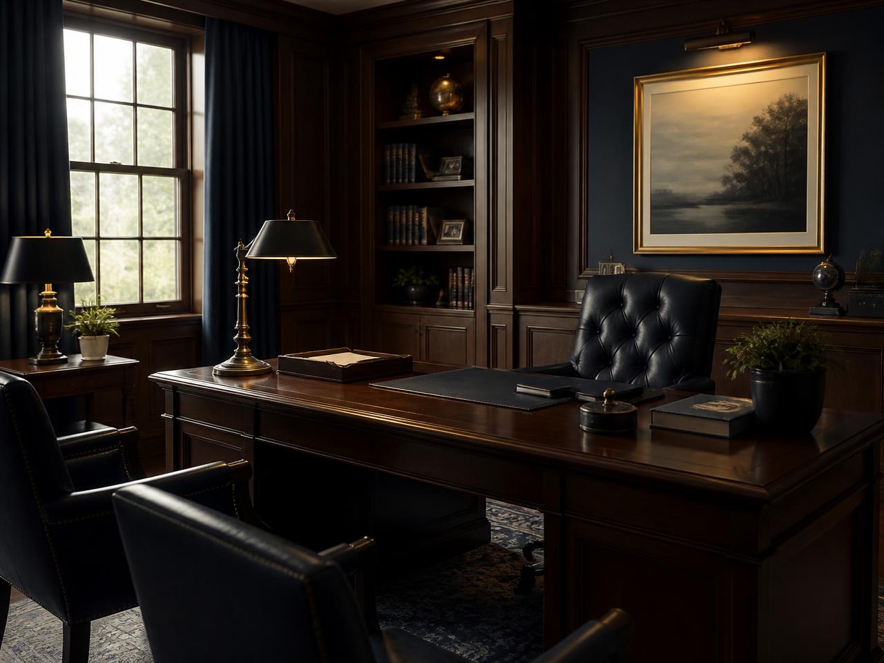 A quiet, wood-paneled advisory office with a desk lamp and reading chairs